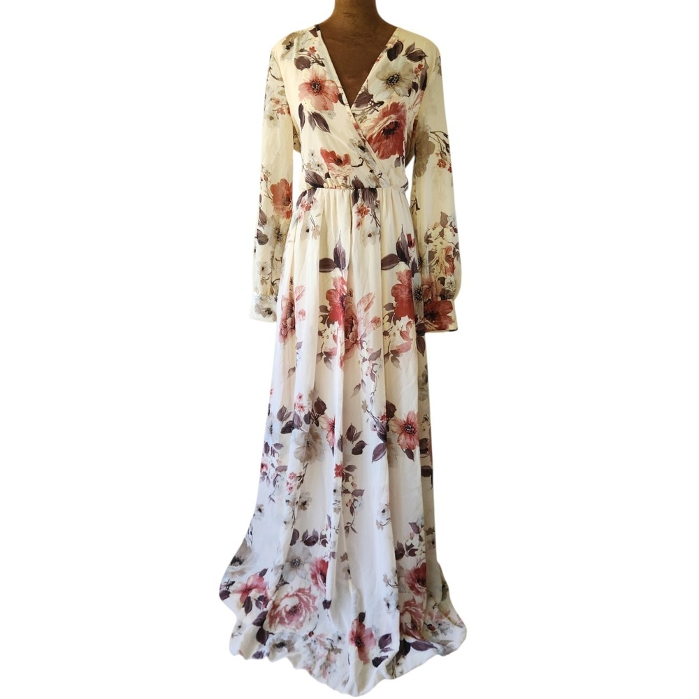 Ricarica Long Floral Maxi Dress Size M Chiffon Romantic Flowy Floral Neutral
